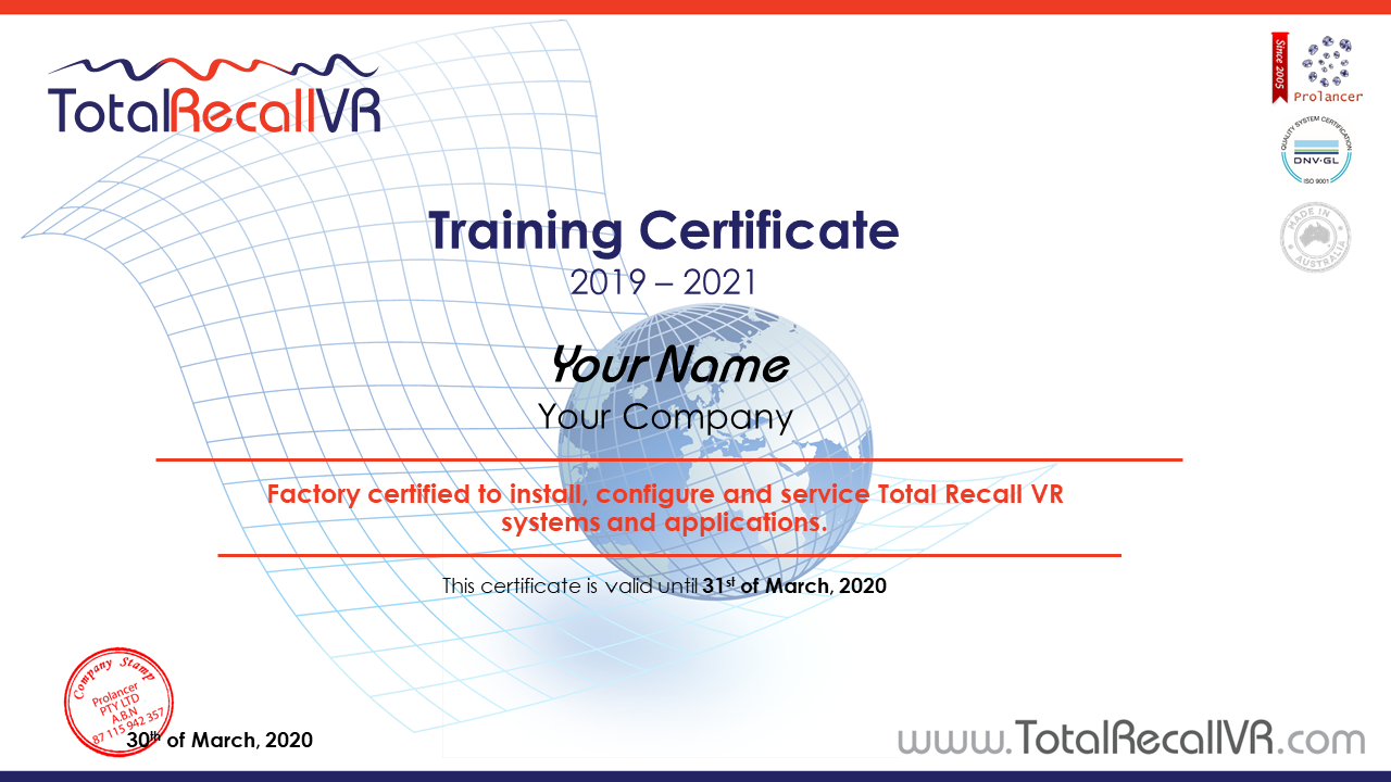 Total Recall VR Training Certifiacte